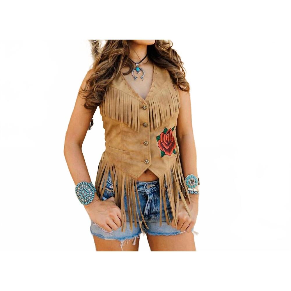 NEW RODEO QUINCY wild rose fringe vest in tan